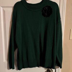 SHEIN Forest Green Sweater with Black Flower Accent